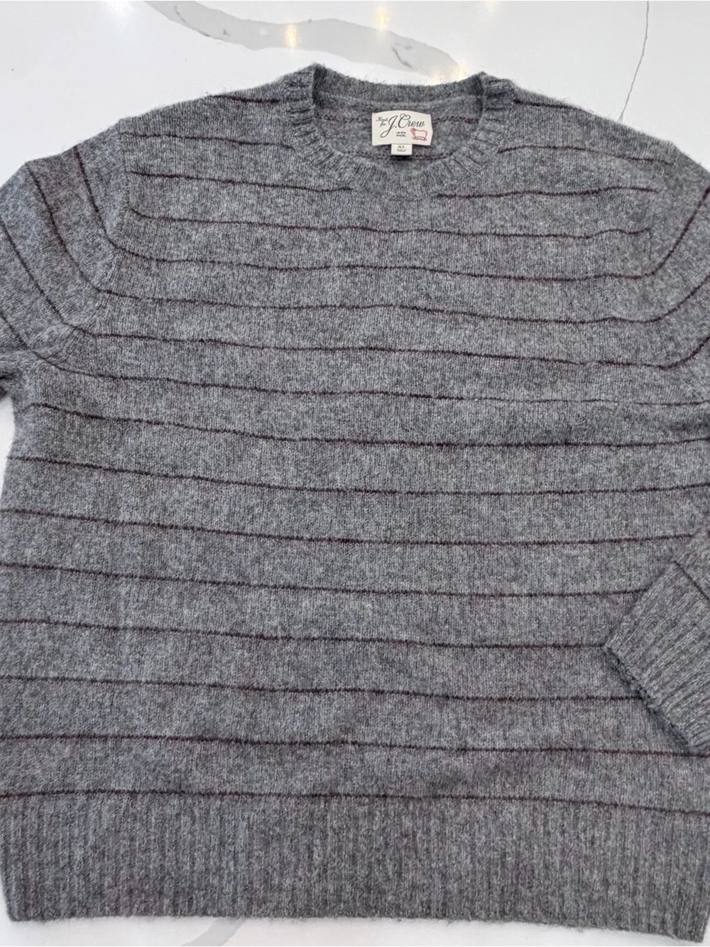 J. Crew Men's Wool Gray Crewneck Sweater with Thin Maroon Stripes